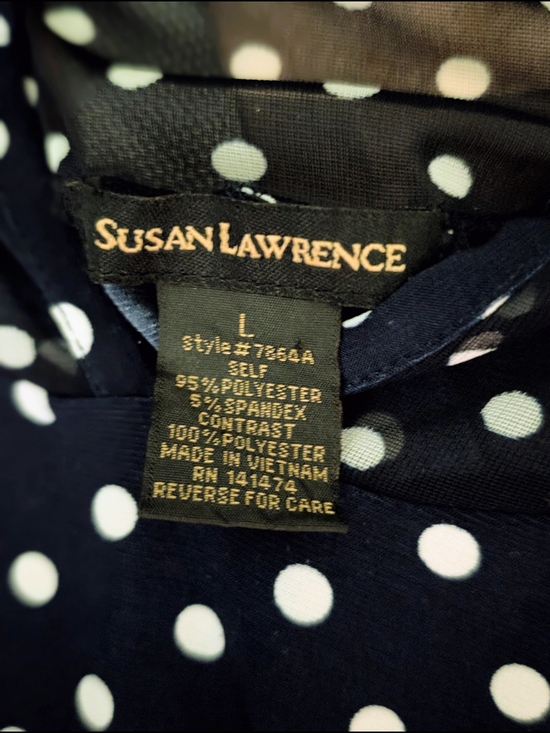 90's Vintage Susan Lawrence Navy and White Polka Dot Cold Shoulder Blouse - Picture 4 of 5